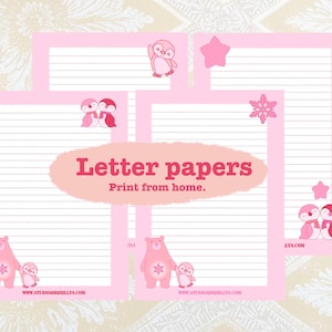 Papeles de carta de invierno con motivos de osos, 4 diseños, oso polar, pingüinos, con líneas, papelería, bloc de notas, escritura, correo postal, imprimible, descarga digital