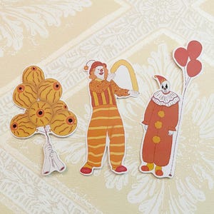 Globos de payaso, pegatinas troqueladas, paquete de 3, papelería, circo, globos oculares, fiesta, tristeza, bufón, espectáculo de fenómenos, planificador, diario, sombrero de flores