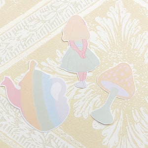 Pastellfärgat klistermärkespaket med underlandet, Alice, regnbåge, planerare, svamp, bujo, funky, dagbok, tekanna, penpalling, scrapbooking, natur, mykologi