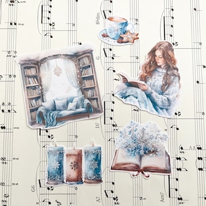 Saoirsa, Chica del libro de la biblioteca de invierno, paquete de pegatinas del planificador, paquete de 5, diario bujo, diario, pegatina de papel mate, penpalling, scrapbooking