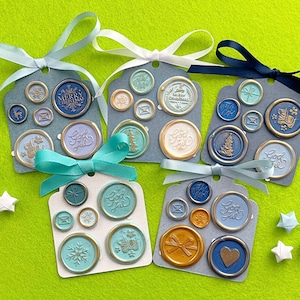 Étiquettes cadeaux au pays des merveilles hivernales, ornements dorés, cachets de cire de Noël, rubans de soie, autocollants adhésifs, papeterie, God Jul, cheval Dala