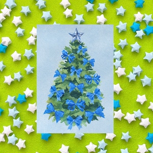 Albero di Natale, fiocchi blu con cravatte, paese delle meraviglie invernale, nastri, cancelleria, stampa, postcrossing, amico di penna, cartoline