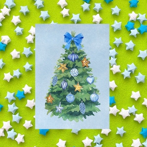 クリスマスツリー、青と金のオーナメント、冬のワンダーランド、植物、文房具、印刷物、ポストクロッシング、ペンパル、ポストカード