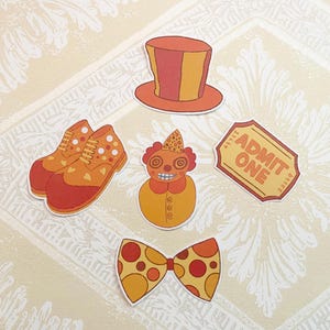 Clowncore, gestanzte Aufkleber, 5er Pack, Schreibwaren, Clown, Karte, Fliege, Schuhe, Hut, Freak Show Zirkus, niedlich, Planer, Journal, Scrapbook