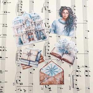 Emma, chica de la biblioteca de invierno, paquete de pegatinas para planificador, paquete de 5, bullet journal, diario, pegatinas de papel mate, amistad por correspondencia, scrapbooking