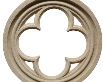 Medieval, four-lobed Gothic rose window, genuine reconstituted stone, handmade by French artisans.