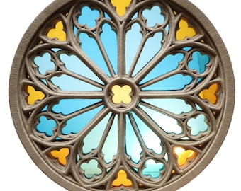 Rose Window from Saint-Étienne Cathedral in Metz 59cm Reconstituted Stone Blue Amber Stained Glass – French Handmade