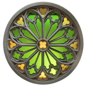 Cathedral rose window, 60 cm, handcrafted reconstituted stone, double-sided with stained glass, French artisan work