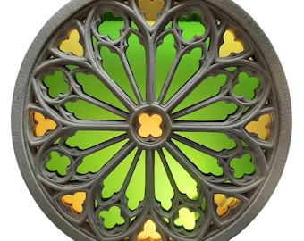 Gothic  Rose Window 60cm Reconstituted Stone Green Yellow Stained Glass – French Handmade