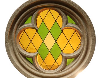 Gothic Quadrilobe Rose Window 60 cm Reconstituted Stone Yellow Green Stained Glass – French Handmade Craft