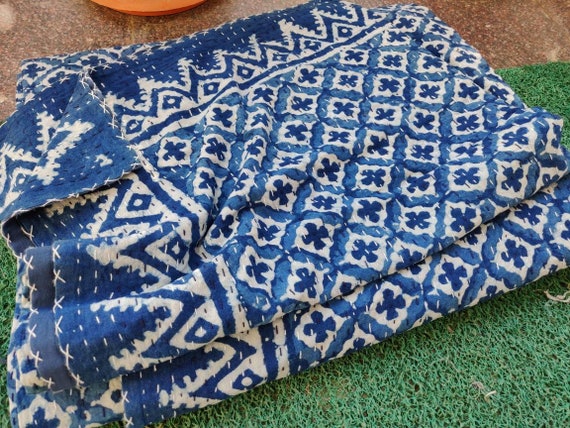 Vintage Kantha Hand Stitched Quilt,India Quilt Cotton quilt Bohemian Boho Block Printed handmade Coverlet QUEEN Size