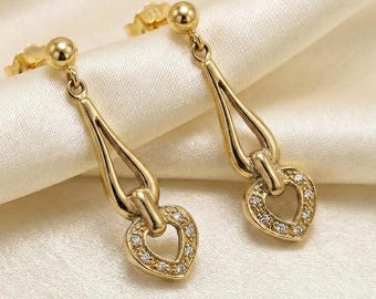Pendientes de Corazón con Diamantes Oro 14k | Oro Amarillo 585 Macizo | Pieza Única Artesanal | Joyería Fina Regalo para Ella