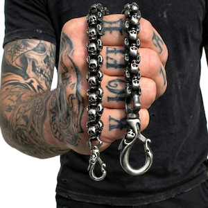 Portemonneeketting met schedel, roestvrij staal, heren | Gothic bikerketting | Rocker portemonneeketting | Zware metalen accessoire