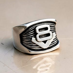 V8 Ring in Solid Sterling Silver – Handmade Signet with Radiator Grille Design