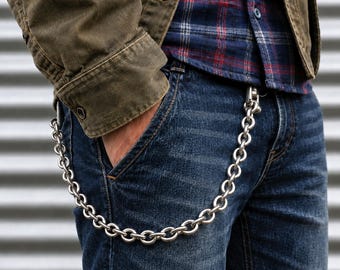 Cadena de cartera para hombre en acero inoxidable – mosquetón y conector giratorios