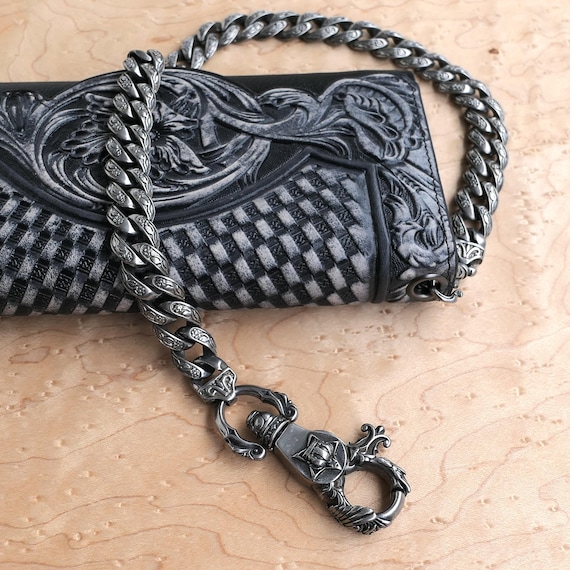 Gothic Wallet Chain Edelstahl Schwarz | Biker Hosenkette | Ledergeldbeutel Herren | Kellnerbörse Leder schwarz mit Muster
