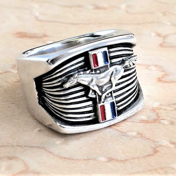 Ford Mustang Pony Ring in Silver 925 Grille American Sports Car Jewelry V8 exclusive Car Ring Gearhead Knockout Ring