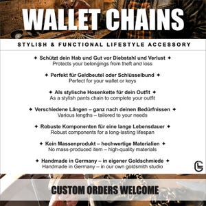 Infografik für handgefertigte Wallet Chains und Hosenketten aus einer deutschen Goldschmiede. Gezeigt werden Vorteile wie Diebstahlschutz, robuste Materialien und verschiedene Längen für Biker- und Lifestyle-Outfits. Text: „Handmade in Germany – in eigener Goldschmiede“ und „Custom Orders Welcome“.