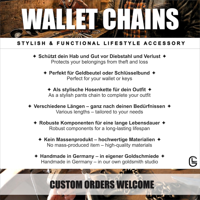 Infografik für handgefertigte Wallet Chains und Hosenketten aus einer deutschen Goldschmiede. Gezeigt werden Vorteile wie Diebstahlschutz, robuste Materialien und verschiedene Längen für Biker- und Lifestyle-Outfits. Text: „Handmade in Germany – in eigener Goldschmiede“ und „Custom Orders Welcome“.