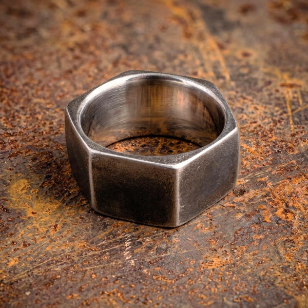 Anillo Tuerca Acero Inoxidable | Anillo Ancho Hombre Industrial | Joyería Biker Declaración | Regalo para Mecánico Taller