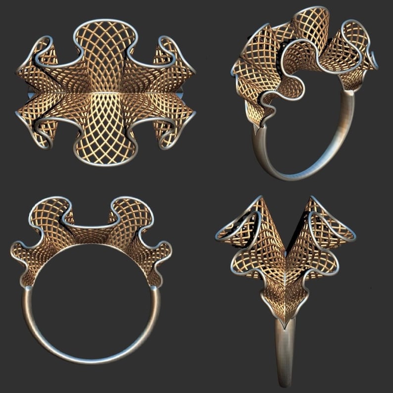 Ansichten des Fantasie Rings als STL und 3DM Datei für 3D Druck und Schmuckguss