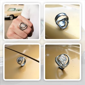 Detail & on-hand views of the upcycled car key ring — rugged automotive style for bikers, mechanics and hot-rod lovers.