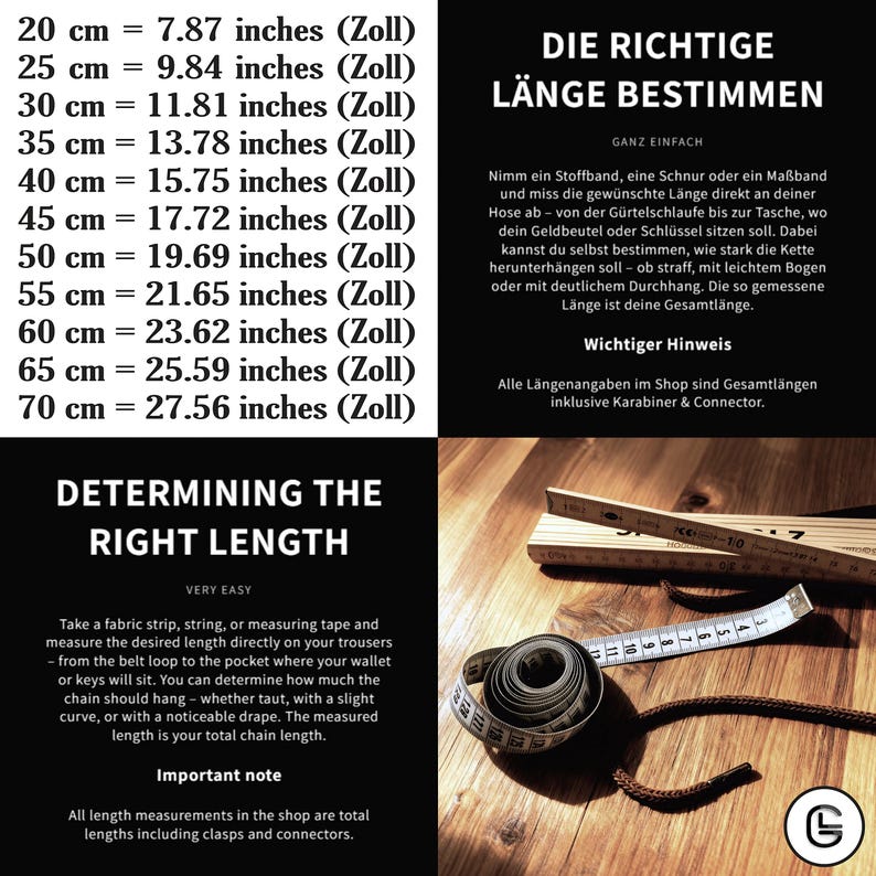 Infografik zur Längenbestimmung von Wallet Chains & Ketten: Umrechnungstabelle (20-70 cm in Zoll), zweisprachige Messanleitung (DE/EN) und technischer Hinweis zu Gesamtlängen inklusive Karabinern. Visualisiert durch Vintage-Messwerkzeuge auf Holz.