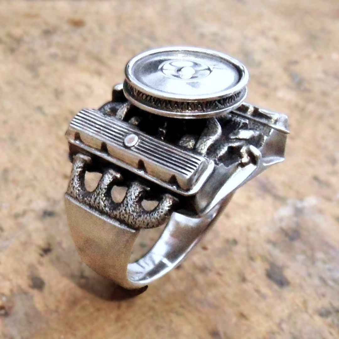 V8 Engine Ring Mens Silver Ring Classic Car Jewelry Muscle Car Ring ...