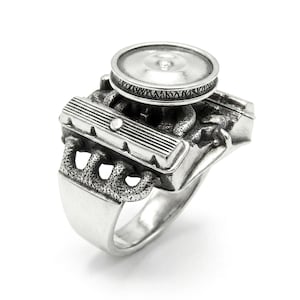 Anillo Motor V8 Plata de Ley 925 | Anillo Bloque de Motor Hecho a Mano | Joyería Muscle Car Hot Rod | Regalo para Amantes de los Coches