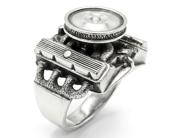 スターリングシルバーのカーエンジンリング - ハンドメイドバイカー