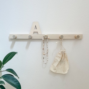 Natural Wood Peg Rail with Chunky Pegs | Modern Coat Rack with Hooks | Peg Rack for Kids Room, Nursery, and Entryway