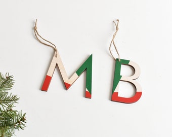 Geometric Letter Christmas Ornament | Modern Paint Dipped Monogram Ornament | Personalized Wood Stocking Tag