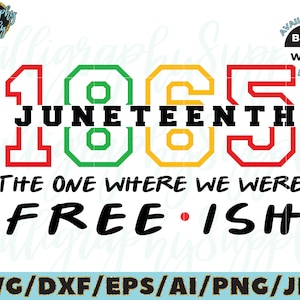 Puede incluir: Un diseño digital con el texto "1865 JUNETEENTH THE ONE WHERE WE WERE FREE.ISH" en texto negro sobre un fondo blanco. Los números 1, 8, 6 y 5 están delineados en rojo, verde, amarillo y rojo, respectivamente.