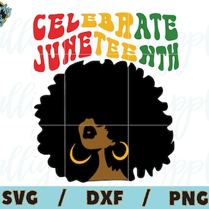 Puede incluir: Un diseño digital que presenta una silueta negra de una mujer con un peinado afro. El texto "Celebrate Juneteenth" está escrito en letras retro de colores sobre la cabeza de la mujer.