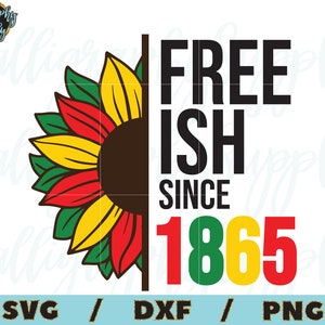 Puede incluir: Un diseño gráfico con un girasol con pétalos rojos, amarillos y verdes. El texto "FREE ISH SINCE 1865" está escrito en letras negras sobre un fondo blanco.