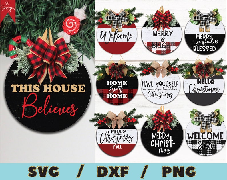 Puede incluir: Diez colgantes redondos para puerta de Navidad en blanco y negro con lazos de cuadros rojos y negros. Los colgantes para puerta presentan varios lemas navide&ntilde;os, que incluyen "Bienvenido", "Feliz y brillante", "Feliz, alegre y bendecido", "Esta casa cree", "Hogar dulce hogar", "Tenga usted una peque&ntilde;a Navidad feliz", "Feliz Navidad", "Feliz Navidad a todos", "Feliz Navidad", y "Bienvenido a todos".