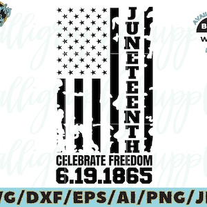 Peut inclure: Un design graphique en noir et blanc représentant un drapeau américain avec le mot "Juneteenth" aligné verticalement. Le texte "Celebrate Freedom 6.19.1865" est également inclus. Le design est disponible en format PNG noir et blanc.