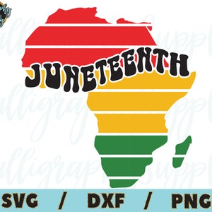 May include: An outline of the continent of Africa in red, yellow, and green with the word "Juneteenth" in black letters across the middle.