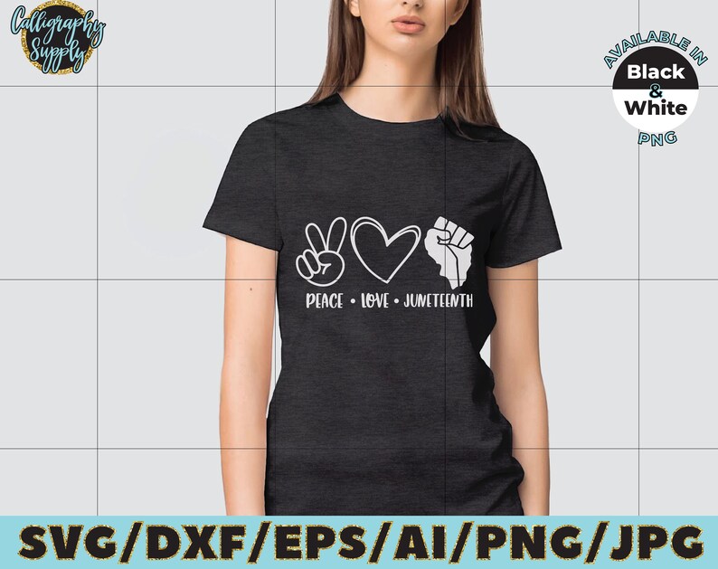 May include: A black t-shirt with a white peace sign, heart, and fist graphic. The text "Peace Love Juneteenth" is below the graphic. The shirt is available in black and white PNG.