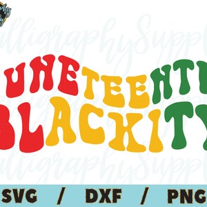May include: A digital design featuring the text "Juneteenth Blackity" in a retro, 1970s style font. The text is in red, yellow, and green, the colors of the Pan-African flag.