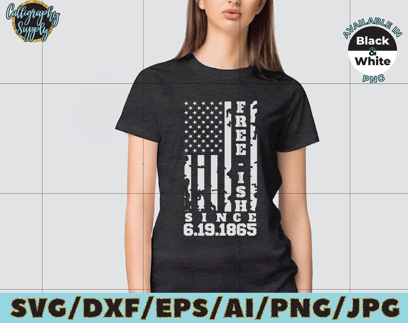 May include: A black t-shirt with a white distressed American flag design. The flag has the text "FREE-ISH SINCE 6.19.1865" on it.