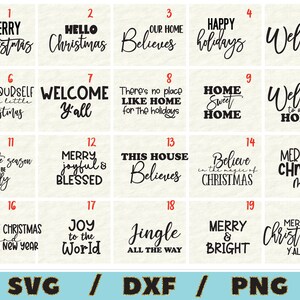 Puede incluir: Un conjunto de 20 archivos de corte SVG con tem&aacute;tica navide&ntilde;a. Los dise&ntilde;os incluyen frases como "Feliz Navidad", "Bienvenido a todos" y "Hogar dulce hogar".