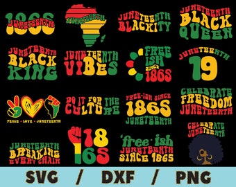 May include: A collection of 12 digital cut files for crafting projects. The designs feature text in a retro style with the words "Juneteenth", "Black King", "Black Queen", "Free-ish Since 1865", "Celebrate Freedom Juneteenth", and more. The designs are in red, yellow, green, and black.