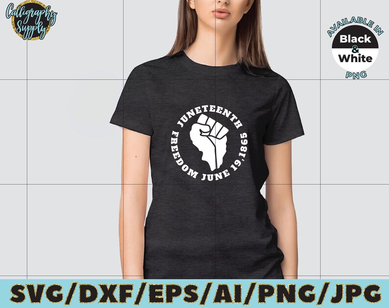 May include: A black t-shirt with a white circle graphic featuring a raised fist and the text "Juneteenth Freedom June 19, 1865".