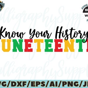 May include: A digital design file for a graphic that says "Know Your History Juneteenth" in black text with the word "Juneteenth" in red, yellow, green, and red letters. The design is available in black and white PNG format.