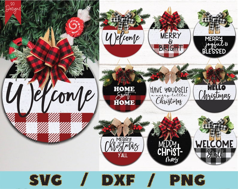 Puede incluir: Conjunto de diez colgantes redondos para puerta de Navidad con varios dise&ntilde;os. Los dise&ntilde;os incluyen "Bienvenido", "Feliz y brillante", "Feliz, alegre y bendecido", "Hogar dulce hogar", "Que tengas una feliz Navidad", "Feliz Navidad", "Feliz Navidad a todos", "Feliz Navidad", y "Bienvenido a todos".