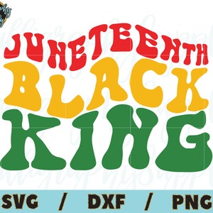 Puede incluir: Un diseño digital con el texto "Juneteenth Black King" en un estilo retro psicodélico con colores rojo, amarillo y verde.