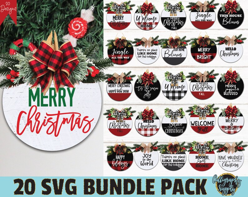 Puede incluir: Un conjunto de 20 archivos SVG para la elaboraci&oacute;n de decoraciones navide&ntilde;as. Los dise&ntilde;os presentan una variedad de temas festivos, que incluyen "Feliz Navidad", "Jingle All The Way", "Bienvenido a casa" y "Felices fiestas". Los dise&ntilde;os est&aacute;n en un esquema de color blanco y negro con acentos rojos.