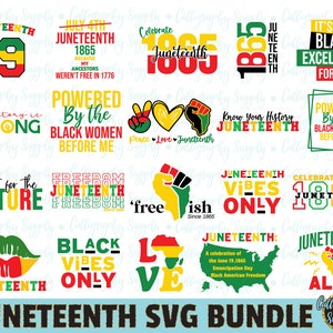 以下が含まれることがあります： 6月19日を祝う12種類のJuneteenth SVGデザインのデジタルダウンロードバンドル。デザインには、「Juneteenth 19」、「Celebrate Juneteenth 1865」、「Powered by the Black Women Before Me」、「Do it for the Culture」、「Juneteenth Vibes Only」、「Juneteenth Ally」など、さまざまなテキストとグラフィックが含まれています。