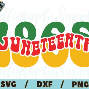 Puede incluir: Un diseño digital con el texto "1966 Juneteenth" en un estilo retro. Los números son verdes, amarillos y rojos, y la palabra "Juneteenth" es roja. Este diseño es perfecto para crear camisetas, tazas y otros productos.